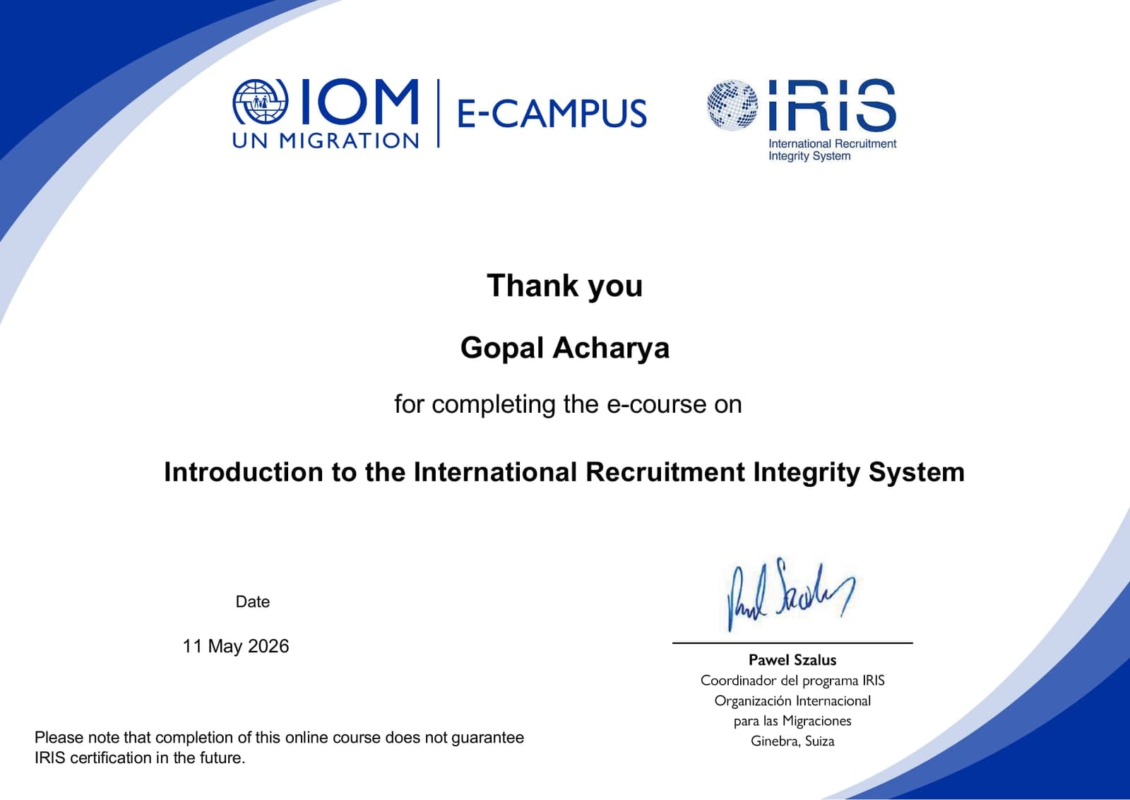 International Recruitment Integrity System (IRIS), Gopal Acharya, page 1