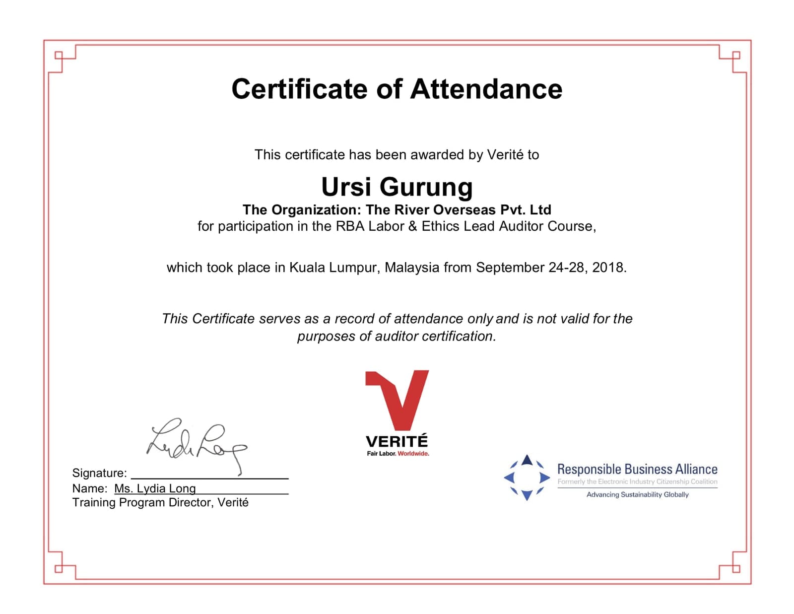 RBA Labor & Ethics Lead Auditor Course, Responsible Business Alliance, page 1